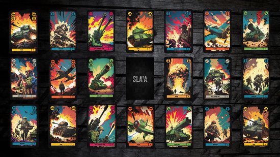 Twaalf kaarten van het spel "SLA'A" met gedetailleerde illustraties van tanks, vliegtuigen, soldaten en explosies.