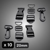 LOT de 10 BOUCLES EN NYLON (2 LOCABS + 4 BOUCLES COULISSANTES + 2 ANNEAUX EN D + 2 BOUCLES À CLIC) - LARGEUR : 20MM, Couleur NOIR