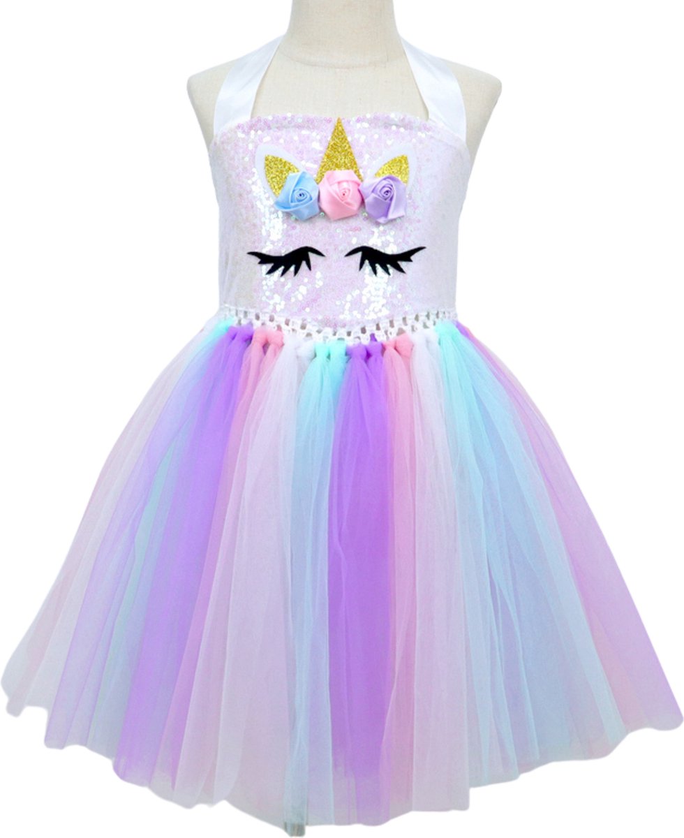 Joya Kids® Luxe Witte Eenhoorn Verkleed Jurk met Pailletten | Unicorn Jurk kostuum | Prinsessen jurk verkleedjurk + Haarband | Jurk met pastel tule rok | cadeau meisje | — afbeelding 9