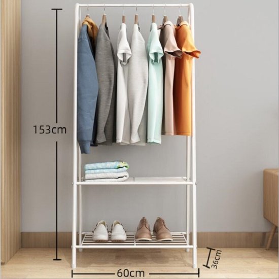 Foto: Ceruzo kledingrek met schoenenrek metaal wit 152 cm hoog 60 cm breed garderobe opbergrek