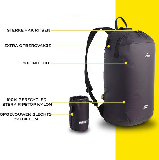 Zwarte Nomad Mahon 18L rugzak met label, opbergzakje en tekst "STERKE YKK RITSEN", "EXTRA OPBERGVAKJE", "18L INHOUD", "100% GEREÇYCLED, STERK RIPSTOP NYLON", "OPGEVOUWEN SLECHTS 12X8X8 CM".