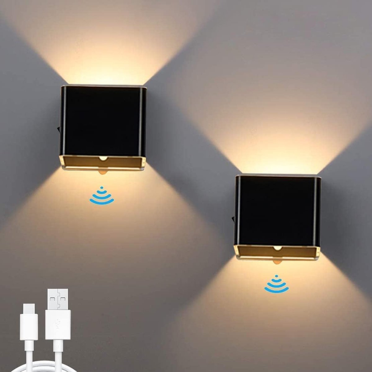 Wandlamp - Wandlamp binnen - Wandlamp oplaadbaar - 5W Zwart Oplaadbare Wandlamp met Bewegingsmelder - met Schakelaar - USB Batterij Oplaadbaar Traplicht - Warmwit - Magnetisch Wandarmatuur Draadloos Voor Trap - Hal - 2 Stuks
