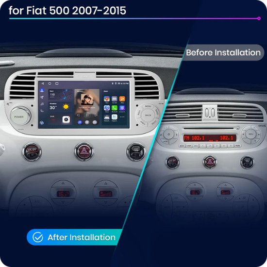 Vergelijking van Fiat 500 dashboard voor en na installatie witte radio met "CarPlay & Auto".