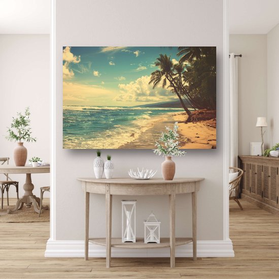 Tableau plage - Portrait paysage - Tableaux toile Palmiers - Tableau Vintage - Tableaux toile salon - Oeuvre toile 60x40 cm