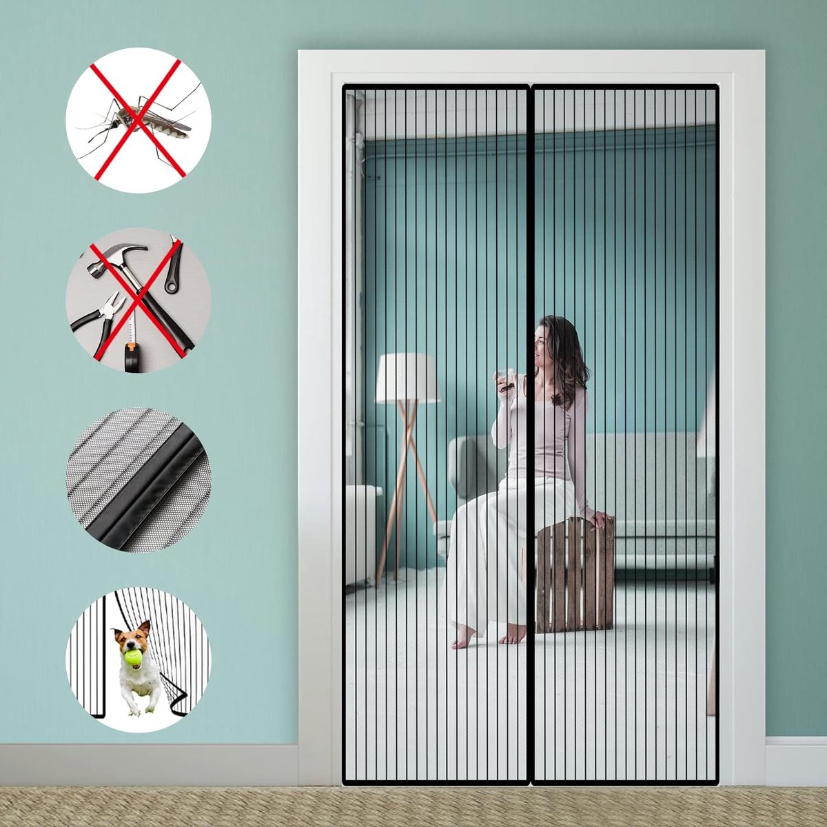 Magneet Bordeur, Iinsectenwerende Balkondeur 110x220cm, Magnetisch Gordijn voor Balkondeur Terrasdeur Kelderdeur Schuifdeur en Woonkamer, Eenvoudige Zelfklevende Montage Zonder Boren, Zwart