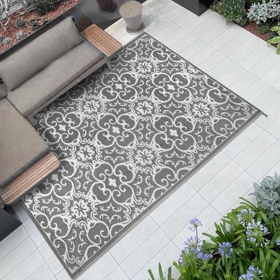 carpet city Binnen en buiten tapijt, 280 x 380 cm, voor binnen en buiten, weerbestendig balkontapijt, terras, hal, keuken, woonkamertapijten, hoog-diep/3D-effect, ruitlook in crème