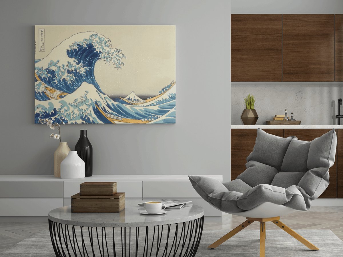 Trendex Global Canvas Schilderij - The Big Wave Off Kanagawa - Abstract - Wanddecoratie - 90x60x2 cm Blauw