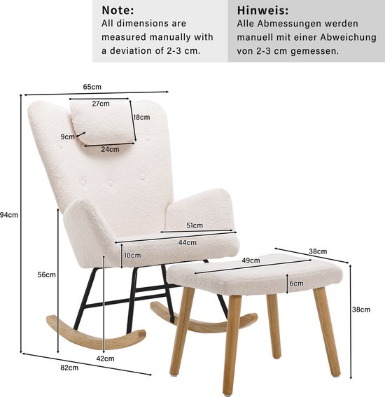 Sweiko Schommelstoel - Teddy fauteuil - Met hoofdsteun + hocker - Belastbaar 100kg - Wit