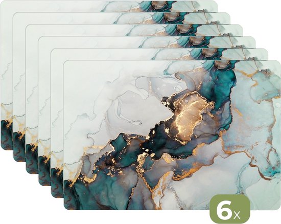 Set de table - Blauw - Imprimé marbré - Or - 45x30 cm - 6 pièces - Résistant à la chaleur - Antidérapant - Coussinet - Amovible