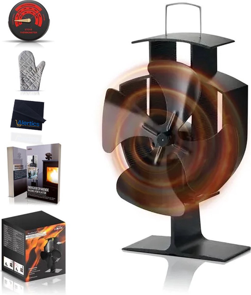 LotaHome - Houtkachelventilator - Haardventilator - EcoFan - Inclusief Thermometer, Kachelhandschoen en Stofdoekje - Duurzaam - Energie Besparen - Warmte Aangedreven Ventilator - Extra Luchtcirculatie - Fluisterstil - Geschikt voor diverse Kachels