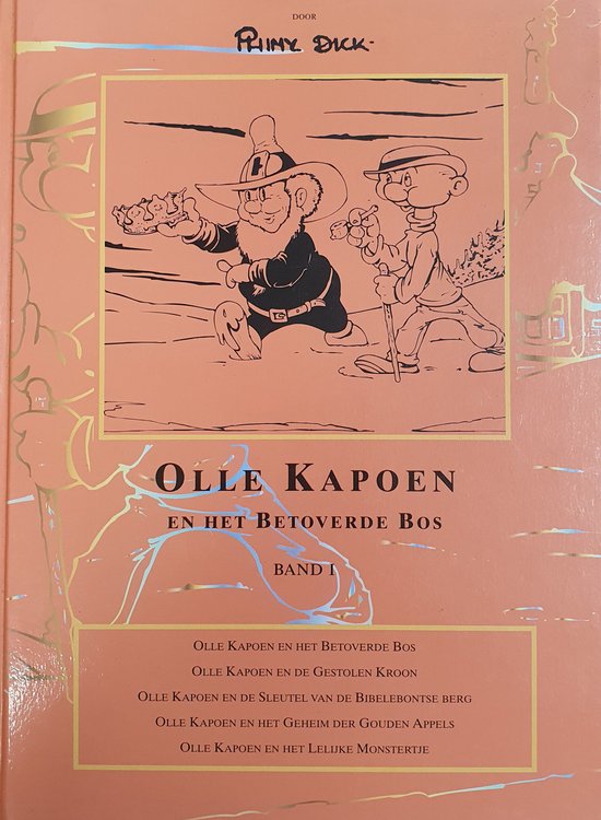 Couverture de livre avec un dessin de deux personnages de bande dessinée, 'Olle Kapoen et le bois enchanté' par Prins Dick.