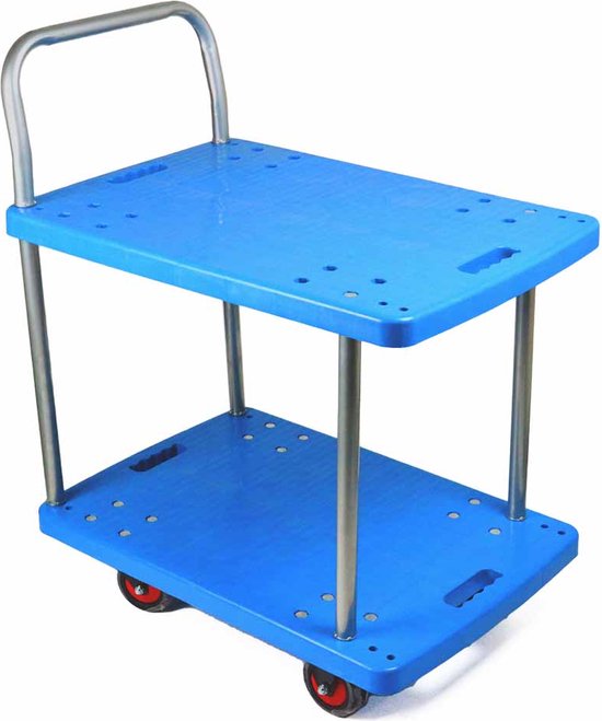 Blauwe etagewagen met zilverkleurig handvat en 4 rode wielen.
