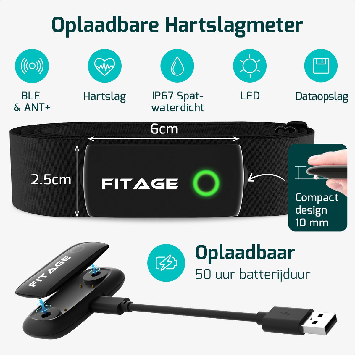 FITAGE Hartslagmeter L HRM-DUAL - Hartslagmonitor Band met Bluetooth en ANT+ Sensor - Oplaadbare Batterij thumbnail 6