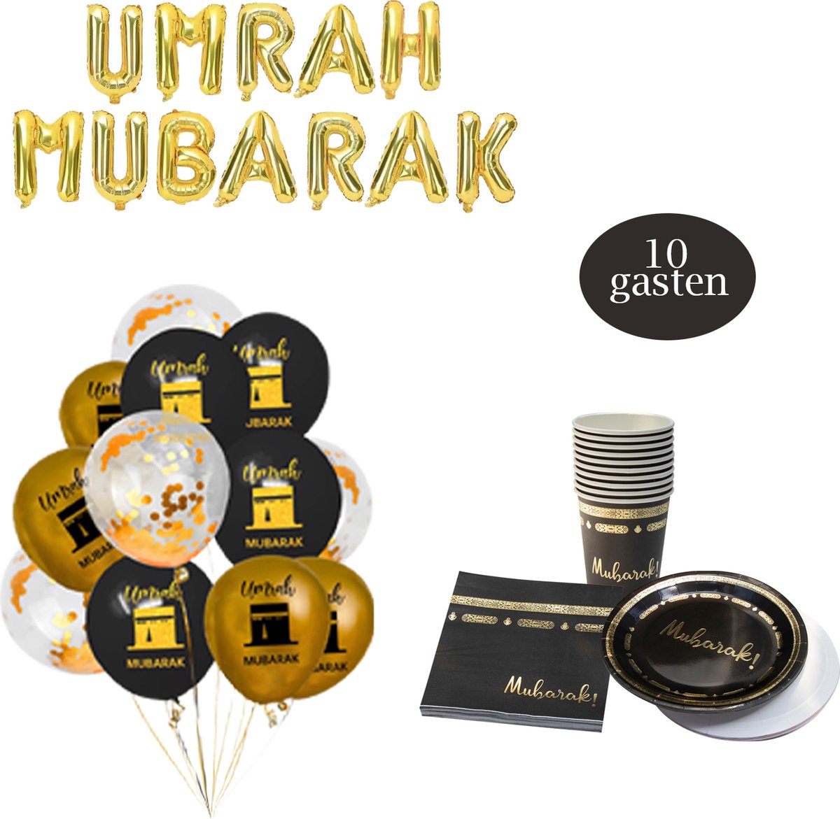 Mansak Ballonnenset + Serviesset voor 10 Gasten - Umrah Mubarak Folieballon - 12 Ballonnen - 10 x Borden 10 x Bekers en 20 x Servetten - 53 Stuks - Decoratieset - Wegwerpservies - Umrah Mubarak Versieringen - Umre Mubarek - Omrah