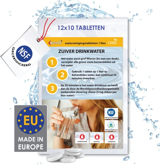LevinQ waterzuiveringstabletten 120x – houdbaar tot 2027 – met handschoenen