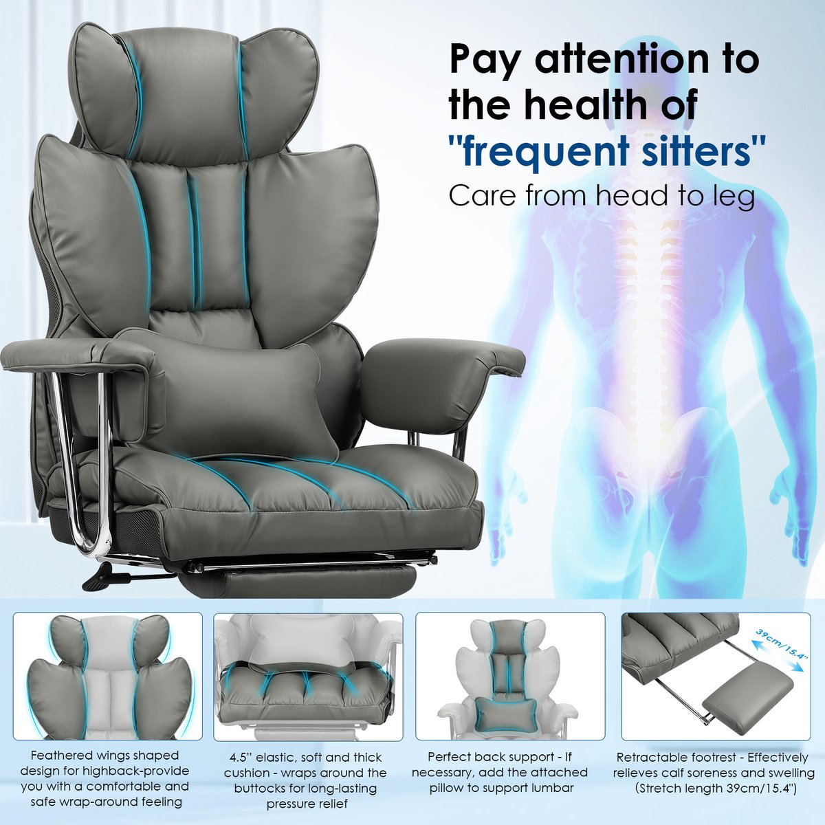 Bureaustoel Ergonomisch met Telescopische Voetsteun Grijs - afbeelding 3
