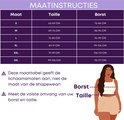 Maattabel met maten S tot 3XL voor buste en taille. Illustratie toont hoe buste en taille te meten.