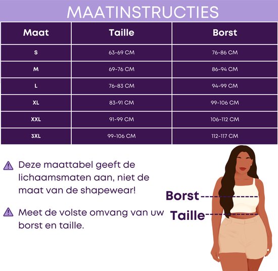 Maattabel met maten S tot 3XL voor buste en taille. Illustratie toont hoe buste en taille te meten.