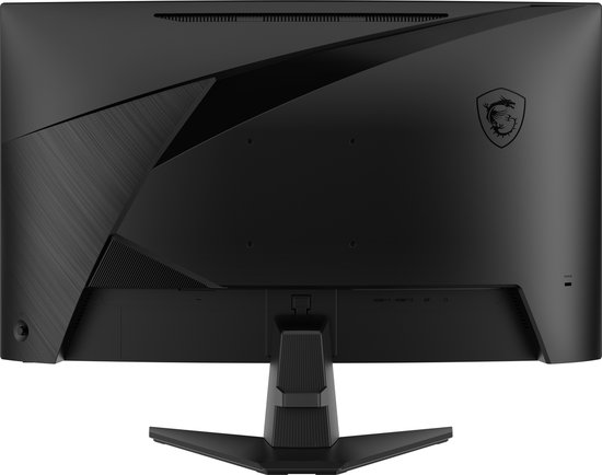Achterkant van een zwarte gebogen gaming monitor met MSI logo.