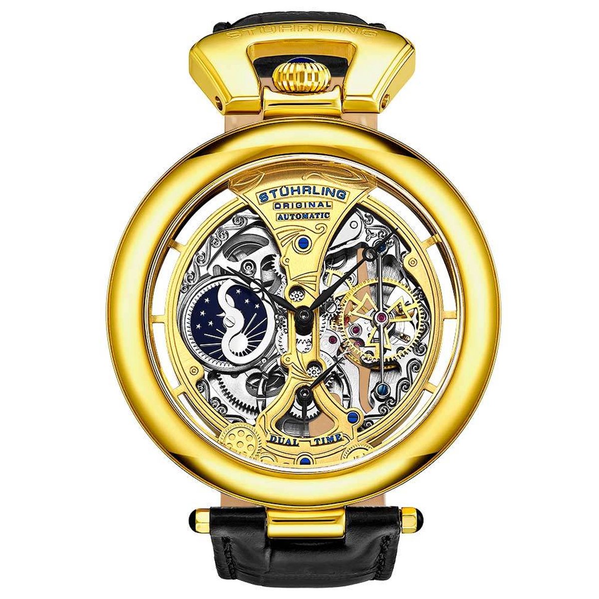 Stührling Emperor’s Grandeur 3919 Automatisch 49mm Skelet Horloge - Horloge Heren - Horloges voor Mannen - Twee Tijdzones Precisie