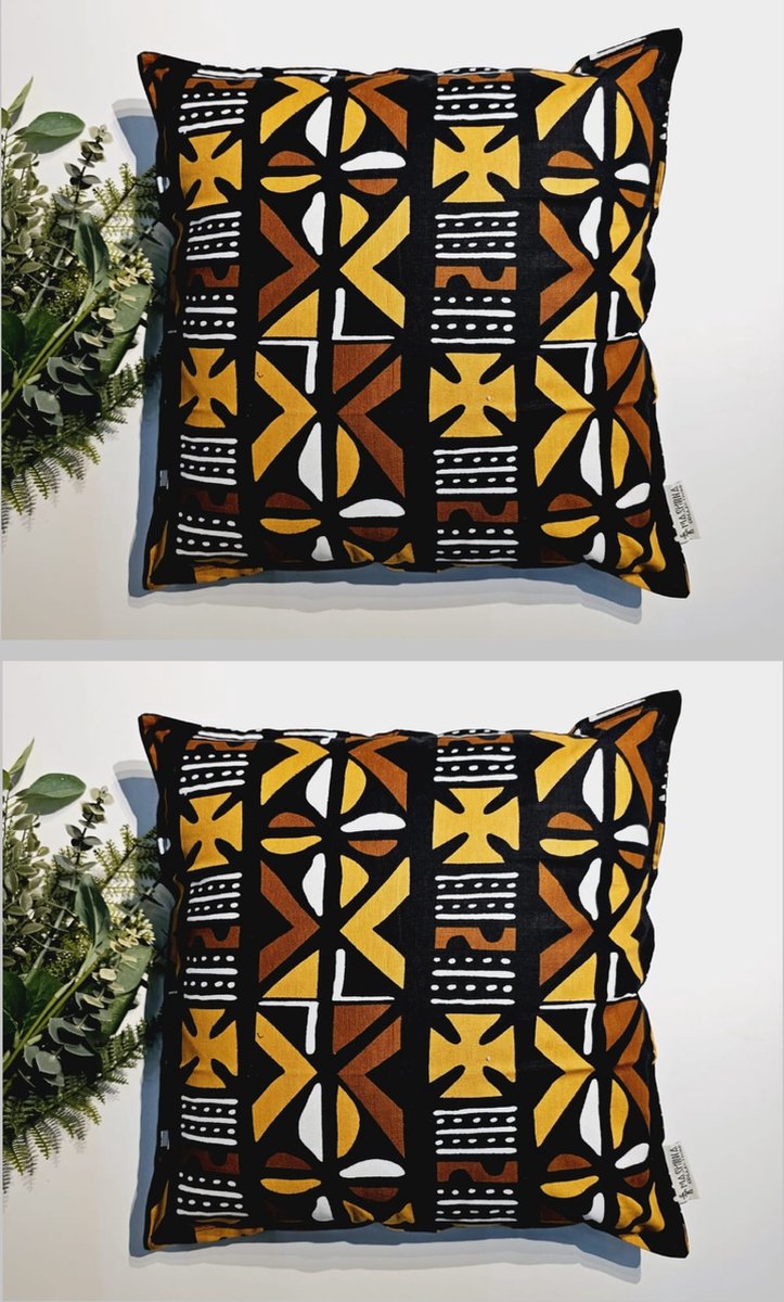 Mashona Collections Set van 2 Kussenhoes | 40x40| Decoratieve Kussensloop | Sierkussens | Afrikaanse Boheemse Stijl Geometrische 'Mudcloth' Bogolan Geïnspireerd Print Woondecoratie Sierkussen Katoen Etnische Kussenhoes Black Brown