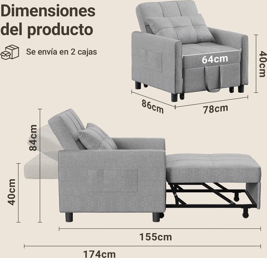 Afmetingen van de grijze fauteuil in gesloten en open toestand, met tekst "Se envía en 2 cajas".