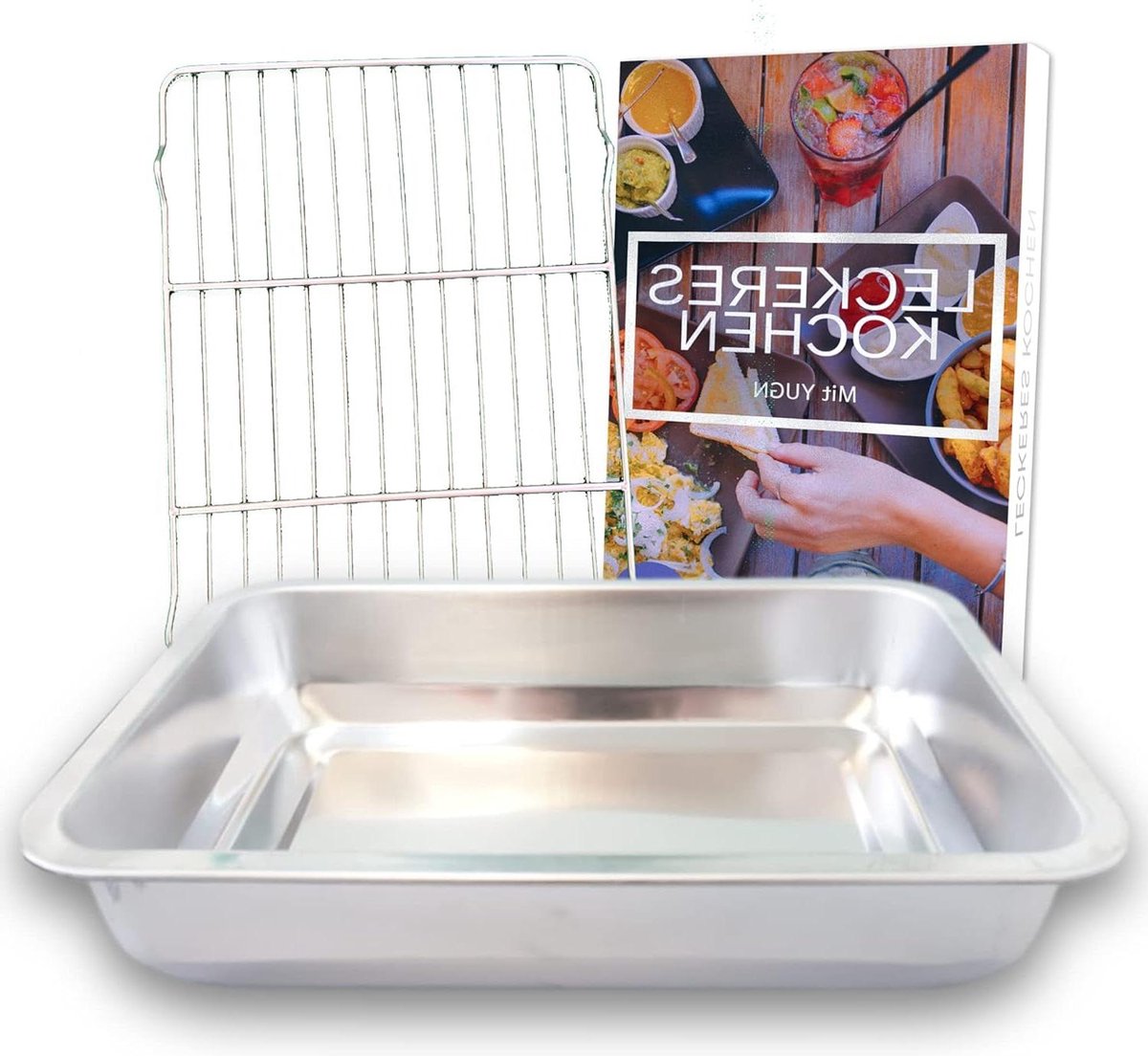 Grillrooster ovenvorm - braadpan roestvrij staal - ovengerei vaatwasmachinebestendig - 36 x 27 x 6 cm - gratis e-book