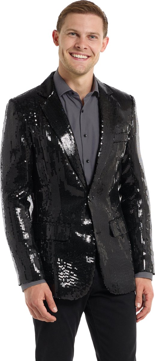 Suitmeister Sequins Zwart - Heren Blazer - Kerst - Oud en Nieuw - Glimmende Pailletten - Zwart Jasje - Maat L