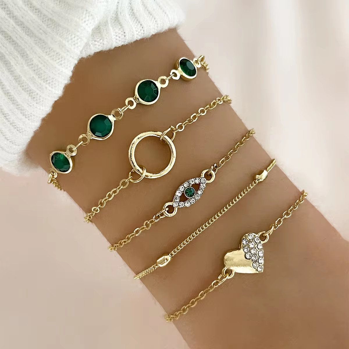 Armbanden Set Goudkleurig - Ring - Oog - Hartje - Groen - Wit - 5 delig