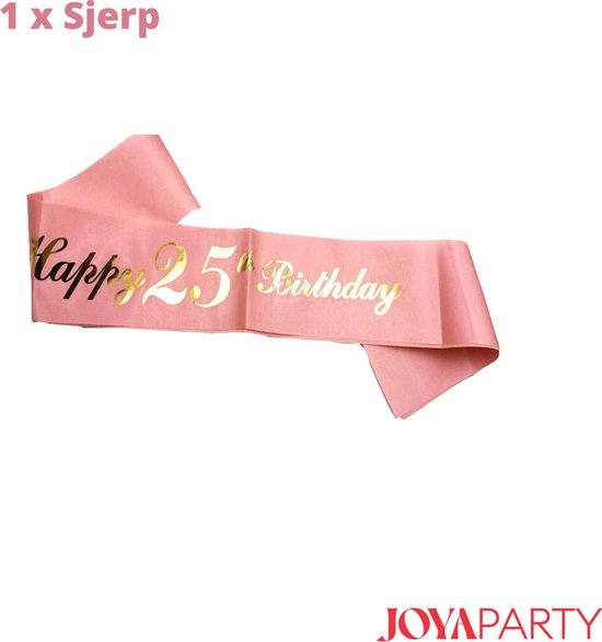 Een roze sjerp met 'Happy 25th Birthday' in goudkleurige letters.