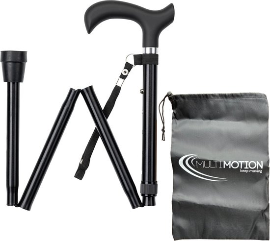 Opvouwbare zwarte wandelstok met ergonomisch handvat, polsband en opbergtasje.