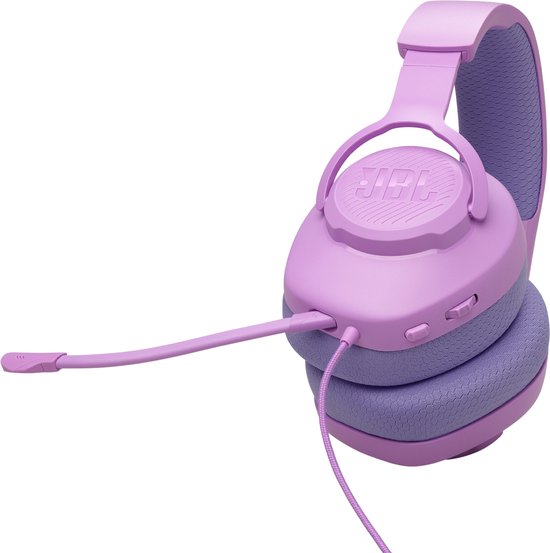 Lila JBL gaming headset met paarse oorkussens en afneembare microfoon.