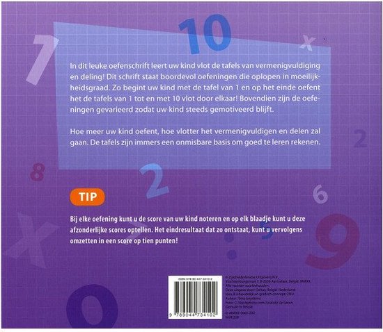 Achterkant van het "Mijn oefenschrift De tafels 7-8 jaar groep 4" boek, met paarse en roze achtergrond en grote getallen.