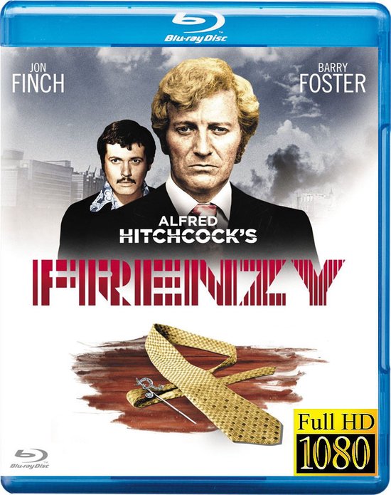 Blu-ray hoes van Alfred Hitchcock's Frenzy met Jon Finch en Barry Foster, stropdas en Full HD 1080 logo.