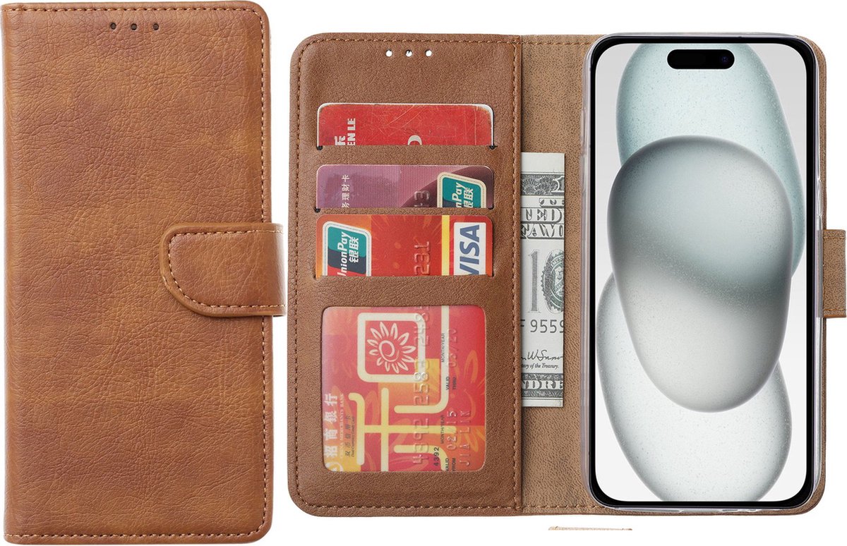 Hoesje Geschikt voor iPhone 15 – Arara bookcase met pasjeshouder- Bruin