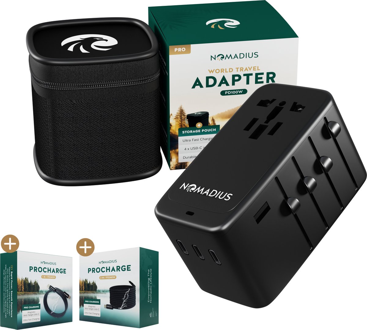 Nomadius Wereldstekker PRO Reisbundel - Reisstekker PRO + ProCharge 1M & 2M Oplaadkabel - Alles-in-één Reis Stekker & Oplaad Kabel Set - USB C - Ultra Fast PD100W Charging - iPhone Snellader - Samsung - usb c naar usb c - Wereldstekkers op Prijzenvolger.com