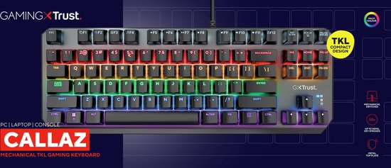 Zwart TKL gaming toetsenbord 'Callaz' met multicolour verlichting en metalen top plate.