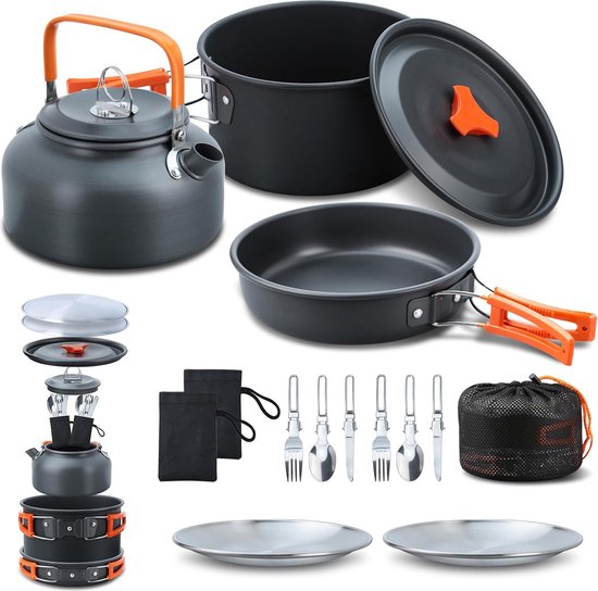Camping kookset - Camping pannenset - Campingserviesset - 16-delige kookgereiset met waterkoker - Campingpan en kookplaat, vorken, messen, lepels voor outdoor, wandelen, picknick, BBQ, 2-3 personen