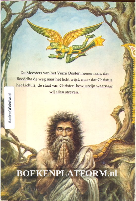 Achterkant boek 'De Meesters van het Verre Oosten' met een gevleugelde draak en biddende man. Boekenplatform.nl