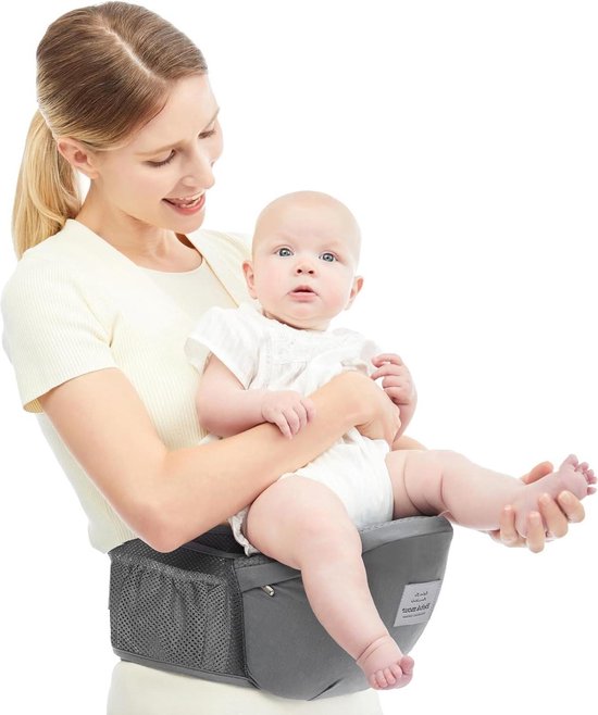 SUNVENO Heupdraagzak met zitje, ergonomische babyheupdrager, babyhouder aan de voorkant, antislip zitoppervlak, brede en verstelbare tailleband, meerdere zakken, pasgeborene tot peuter tot 20 kg