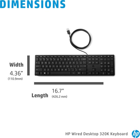 Afmetingen van het zwarte HP 320K toetsenbord: breedte 110,9 mm, lengte 426,2 mm.
