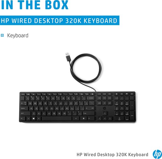Inhoud van de doos: Zwart HP 320K toetsenbord met USB-kabel.