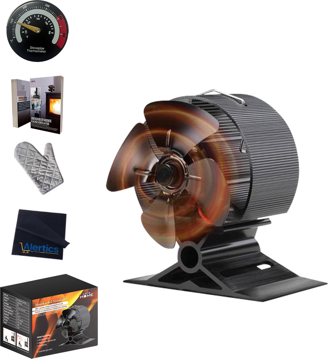 LotaHome - Kachelventilator - Houtkachelventilator - Haardventilator - Inclusief Thermometer, Handschoen en Stofdoekje - Energiebesparing - Ecofan - Warmte aangedreven ventilator voor houtkachels, pelletkachels, gaskachels, speksteenkachels - Cadeau