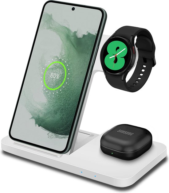 Chéroy 3-in-1 Draadloze Oplader - 15W Snellader - Qi Oplaadstation - Opvouwbaar - Geschikt voor Samsung Smartphones, Galaxy Watch, Galaxy Buds - Android - Wit