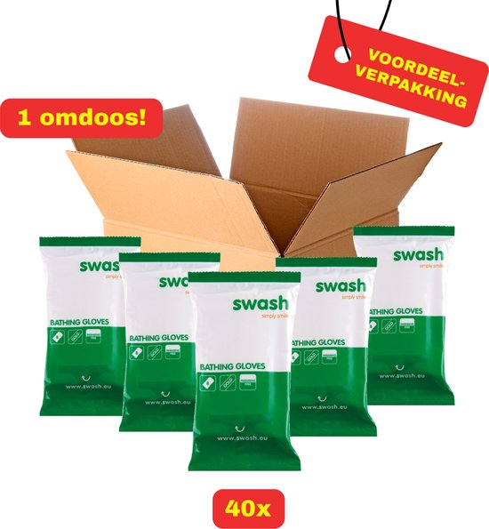 Een open kartonnen doos met 5 groene verpakkingen Swash badhanddoeken met de tekst 'BATHING GLOVES'.