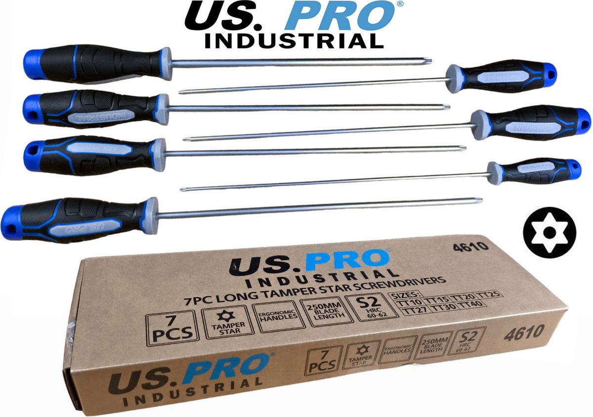 Professionele Torx security schroevendraaierset met extra lange Torx schroevendraaiers met boring 7-delig (T10 - T15 - T20 - T25 - T27 - T30 en T40)