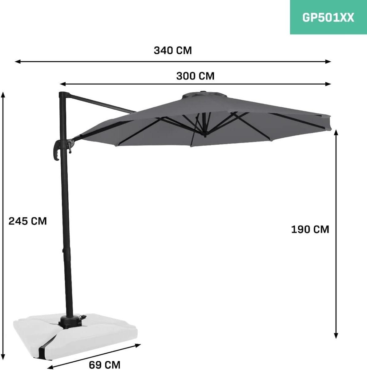Rotating 3-meter round cantilever parasol in anthracite/black, UV protection 50+, no brand logo visible.