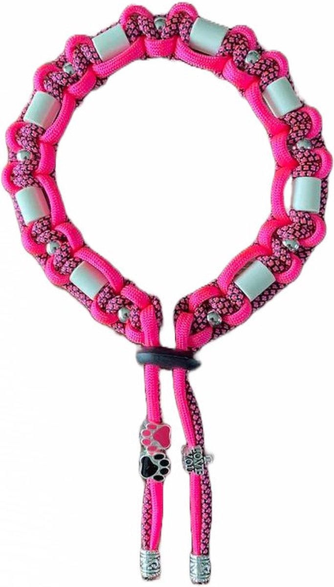 Anti-tekenband hond - Joy - lengte 40 cm - nekomvang vanaf 39 tot en met 44 cm - werkt ook tegen vlooien - originele EM-X kralen lichtgrijs - maat L- neon roze - met zilverkleurige kralen