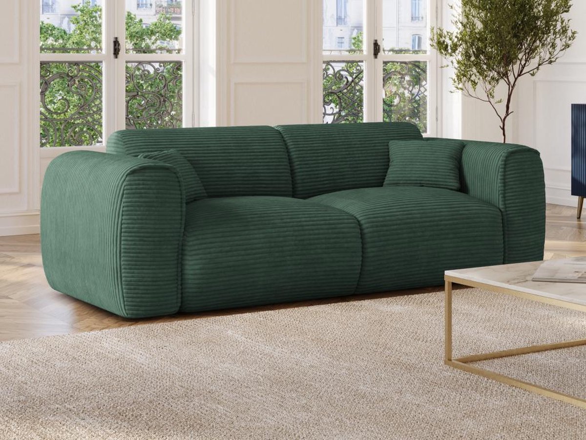 Vente-unique Driezitsslaapbank express in dennengroen ribfluweel - Slaapoppervlak 140 cm - POGNIA
