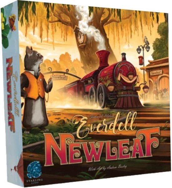 Speldoos van Everdell Newleaf: een kat in een vest bij een stoomtrein en een station in de herfst.
